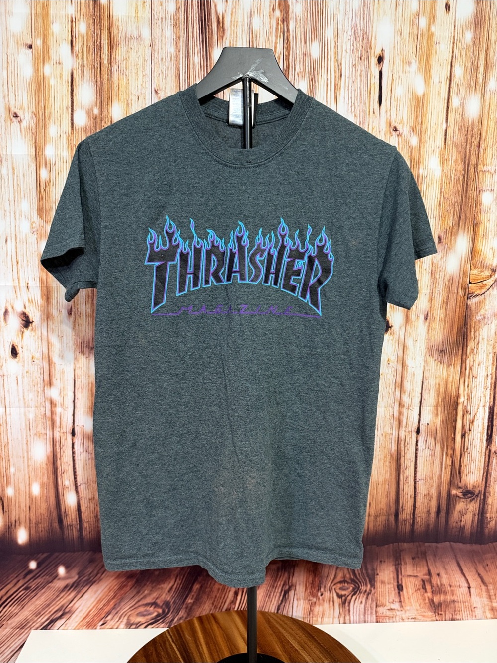 Thrasher Charcoal Tee with Blue-Purple Flame Logo